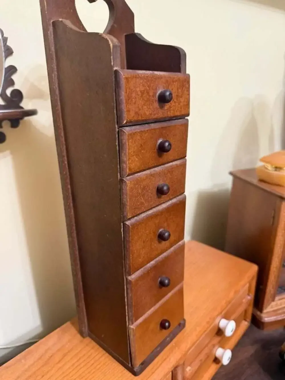 Vintage Vertical 6-Drawer Wooden Apothecary Cabinet with Heart Cutout